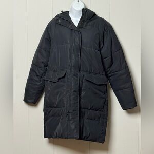 Everlane Women Black Hooded Puffer Jacket w Internal Belt and Elastic Cuffs Sz S